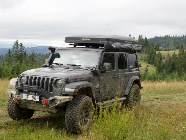 Wrangler su atidaryta stogo palapine pievoje prie miško